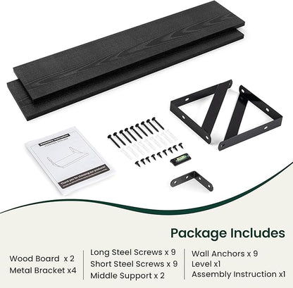 Floating Shelves, 8 Inch Deep Rustic Wood Wall Storage, 36W x 8D Wall Shelves Set of 2, Heavy Duty Metal Brackets, Industrial Book Shelf for Living Room, Kitchen, Bathroom, Bedroom, Black