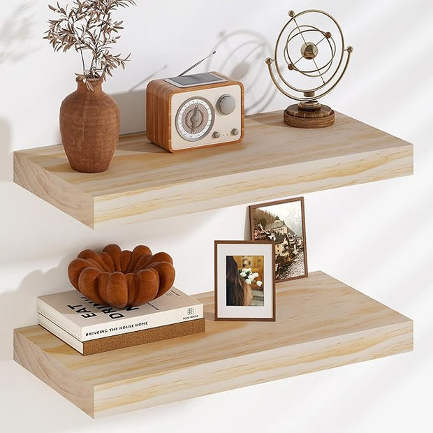 Fun Memories Floating Shelves, 9.3'' Deep Solid Pine Wood Wall Shelves for Storage, Wall Mounted Display Shelf with Invisible Heavy-Duty Metal Bracket, 24'' Width Set of 2, Unfinished - DIY Stain