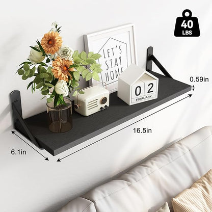 Fixwal Floating Shelves for Wall, Wood Wall Mounted Shelves for Bedroom, Bathroom, Living Room, Kitchen Storage and Decor(Black, Set of 3, 16.5 Inch)