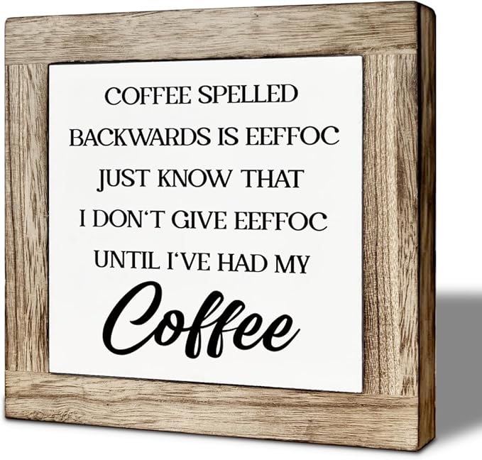 Coffee Bar Decor, Coffee Spelled Backwards Wooden Box Decoration, Rustic Wood Signs for Kitchen Cafe Bar, Funny Office Desk Sign, Freestanding Home Decor 5.9×5.9 inch