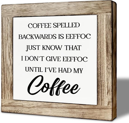 Coffee Bar Decor, Coffee Spelled Backwards Wooden Box Decoration, Rustic Wood Signs for Kitchen Cafe Bar, Funny Office Desk Sign, Freestanding Home Decor 5.9×5.9 inch