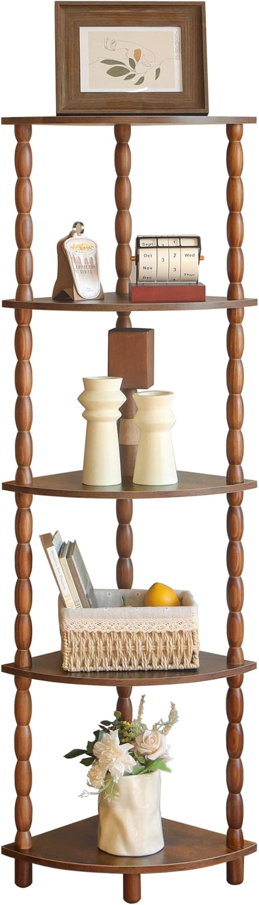 MaxSmeo Corner Shelf, 5-Tier Corner Bookshelf for Small Spaces, Stylish Corner Storage Display Shelves for Bedroom, Bathroom, Kitchen, Living Room (Rustic Brown)