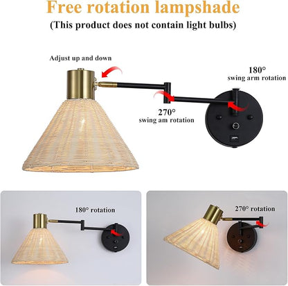 Plug in Rattan Wall Sconce Swing Arm Wall Lamp with USB Port and Dimmer Switch Hand-Woven Boho Rattan Wall Mounted Lamp Suitable for Hallway Bedroom Living Room.Balck