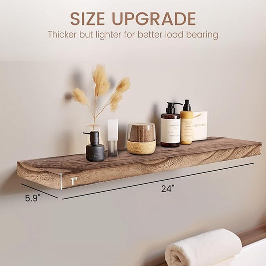Floating Shelves 24 Inches Long, Set of 2 Solid Rustic Wood Wall Mounted Shelves, Wall Picture Ledge Shelf with Invisible Metal Brackets for Living Room, Bedroom, Bathroom, Carbonized Black