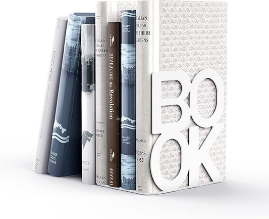 Book Ends - Decorative Metal Book Ends Supports for Bookrack Desk,Books, Unique Appearance Design,Heavy Duty (White, 8 Pair)