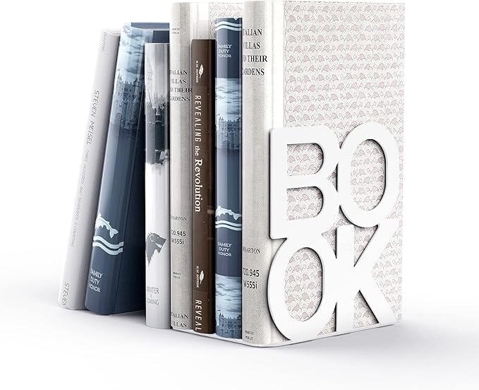 Book Ends - Decorative Metal Book Ends Supports for Bookrack Desk,Books, Unique Appearance Design,Heavy Duty (White)