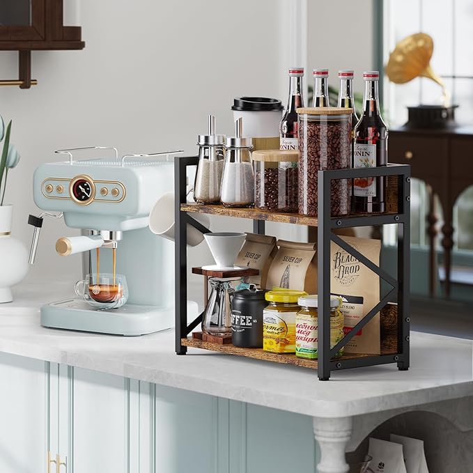Coffee-Bar-Station-Organizer Shelf for Countertop, 2 Tiers Kitchen Counter Shelf Riser, Wooden Spice Rack Organizer, Coffee Bar Accessories(Rustic Brown, Large)