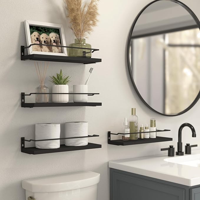 RICHER HOUSE Bathroom Floating Shelves with Guardrail, Set of 4 Rustic Wall Mounted Storage Shelves, Over Toilet - Black