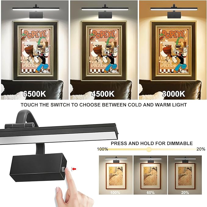 Picture Light,Picture Lights for Wall Cordless,16" Picture Lights with Timer and Dimmable,Battery Wall Lights for Display Gallery Painting Art Frame Portrait-L Black