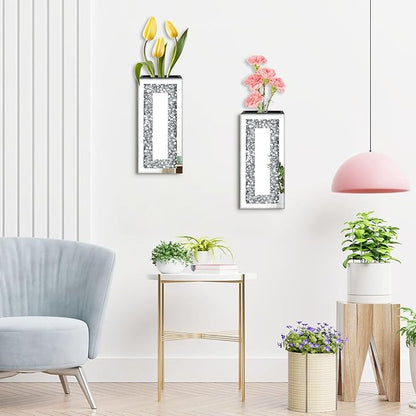 Crushed Diamond Mirrored Wall Decor Vase Crystal Silver Mirror Flower Vase Stunning Decorative Glass Hanging Planter for Home Decor Living Room Dining Room Bedroom Wall Decor.Can't Hold Water(2 Set)