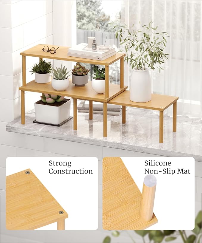 Cabinet Organizer Shelf(Set of 3),Bamboo Kitchen Counter Shelves for Countertop and Cabinet,Stackable Shelf Spice Racks,Large (Natural)