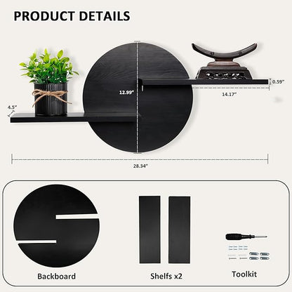 Black Circle Wood Wall Floating Shelf, Round Decorative Display Wall Mount Shelf, Hanging Shelves for Living Room, Bedroom, Bathroom, Home Office Wooden Wall Art Decor