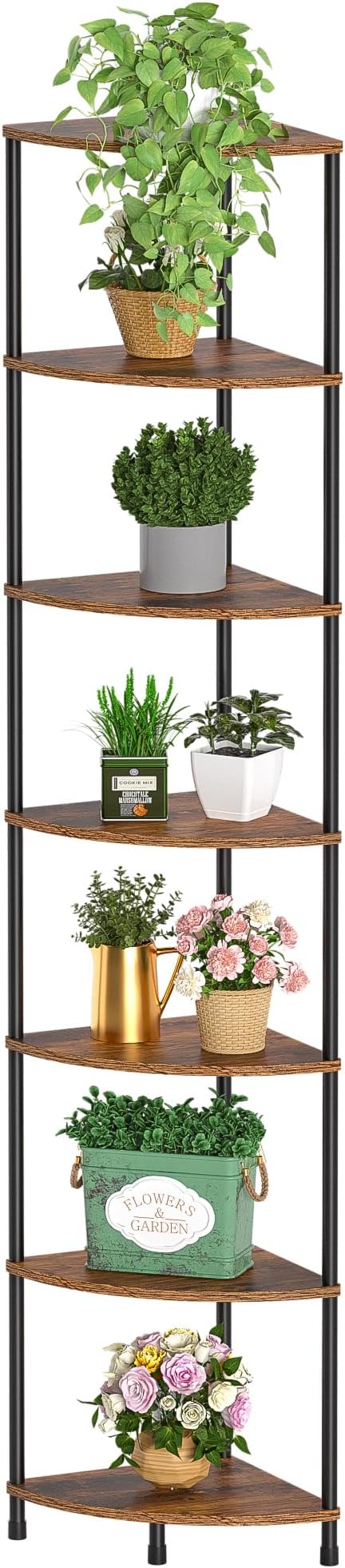 Corner Plant Stand Shelf, 7 Tier Tall Plant Stand for Indoor Plants, Rustic Brown Corner Book Wall Decor Living Room, 64.7