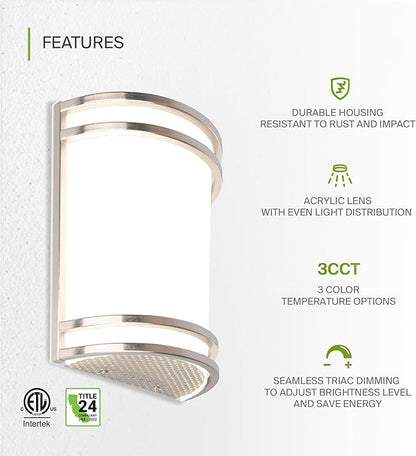ASD LED Indoor Wall Mount Light Fixture - 8 Inch 15W Modern Interior Nickel Dimmable Wall Sconce Light - ETL 3000K 4000K 5000K Adjustable - Hallway, Bedroom LED Wall Lights