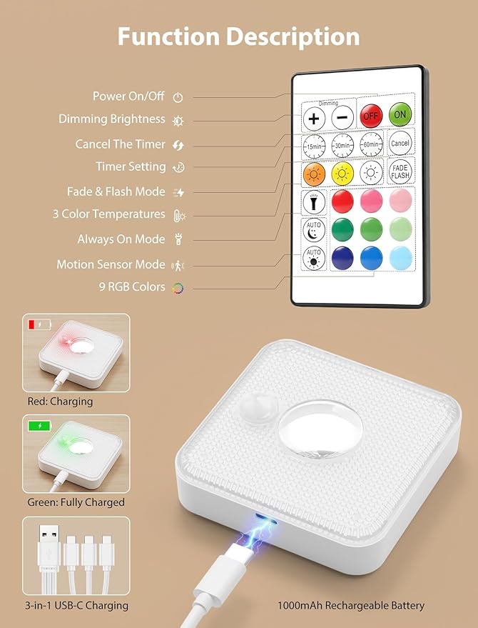 GBEAST 6 Pack Under Cabinet Lighting, Puck Lights with Remote,Motion Sensor Light Indoor,3 Color Temps & 9 RGB Colors Dimmable Closet Light,Rechargeable Under Counter Lights for Kitchen,Bedroom,Shelf