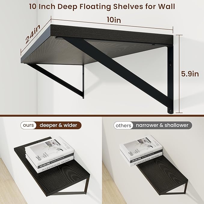 Axeman Deep Floating Shelves | 24 Inch Black Wall Shelves Set of 2 | 10 Inch Deep Wood Floating Shelves for Wall | 24