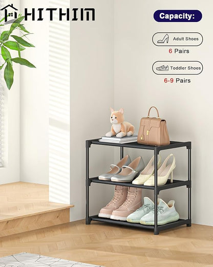 3 Tiers Small Shoe Rack,Narrow Stackable Shoe Shelf Organizer,Sturdy Shoe Stand, Non-Woven Fabric Metal Shoe Racks for Entryway, Doorway and Bedroom Closet