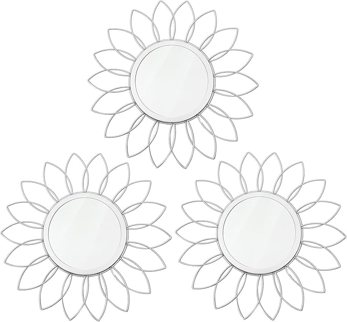 3 Pack Metal Mirrors for Wall Sunburst Wall Mirrors Home Décor Decorative Hanging Wall Art for Living Room Bedroom Entryway (Silver, Flowers)