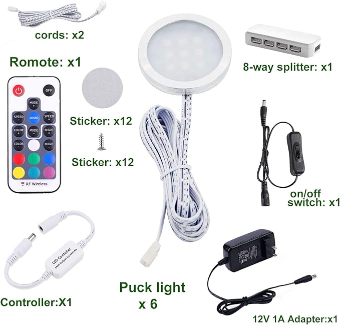 AIBOO RGB Color Changing LED Under Cabinet Lights Kit Aluminum Slim Puck Lamps for Kitchen Counter Wardrobe Counter Furniture Ambiance Christmas Decor Lighting (6 Lights)