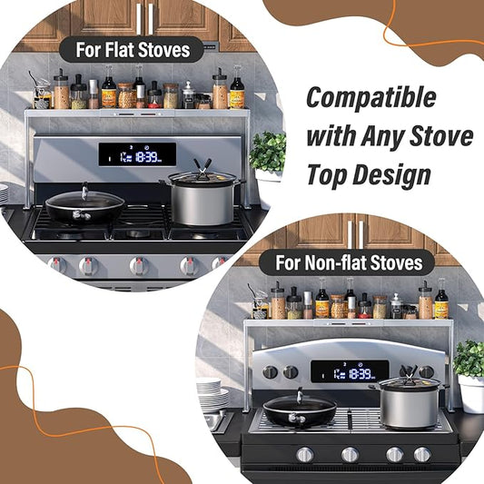 Stove Top Shelf - Adjustable Oven Shelf for Top of Stove for 27-33inch, Kitchen Spice Organizer, Silver