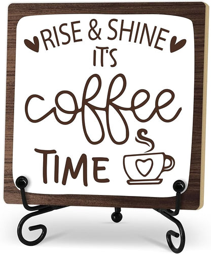 Coffee Desk Decor Sign, Coffee Time Sign With Stand For Farmhouse Home Kitchen Table, Wine Sign For Farmhouse Home Kitchen Bar Shelf Table, Gifts For Family Friend Coworker-11