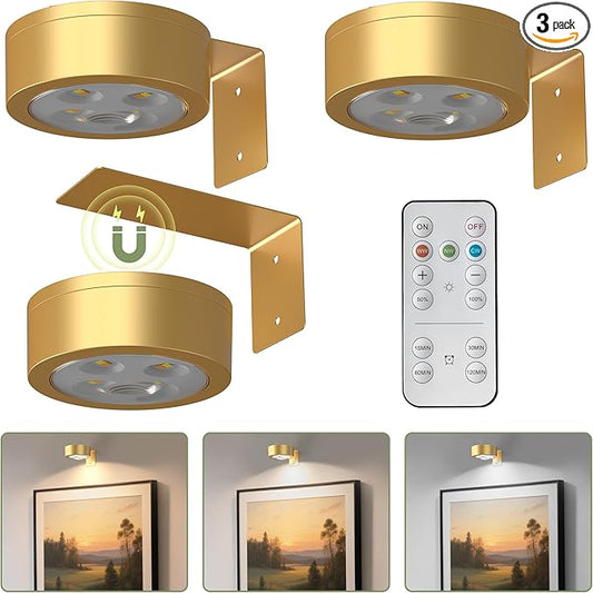 L LOHAS LED Gold 3Pcs Battery Operated Picture Light, Magnetic LED Painting Light with Remote, Dimmable and Timer, Art Display Light for Picture Frame Paintings, Wireless Wall Decor Puck Lights, 3CCT