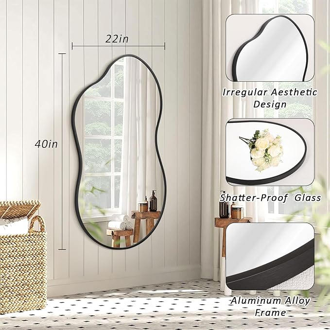 JJUUYOU Irregular Wall Mirror Black Metal Framed Decorative Asymmetrical Bathroom Mirrors Large 22