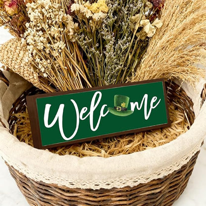 Welcome Desk Sign, St Patricks Day Wooden Table Sign, Green Irish Decor Signs, Welcome Home Decor, Front Door Decoration for Shelf, Porch Decors, Rustic Farmhouse Decors, 9.5x3.1x1 inches