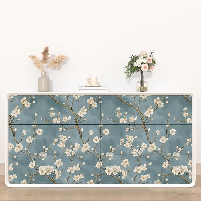 Vintage Floral Wallpaper Peel and Stick Blue White Flowers Contact Paper Vinyl Self Adhesive Removable Retro Cherry Blossom Wall Mural Wall Paper for Room Walls Shelve Cabinet Table Decor 17.5