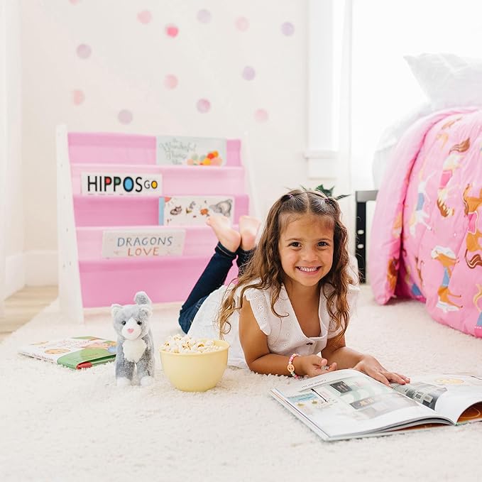Wildkin Vegan Leather Sling Bookshelf for Kids – Premium Easy Clean Sling Canvas Design with 4 Fabric Shelves, Organizer for Home or Classroom - White w/Multi-Pink