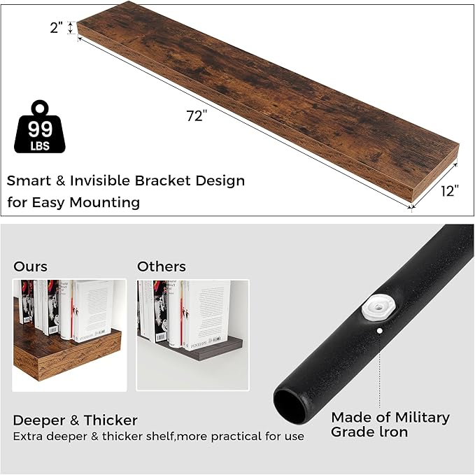 Floating Shelves for Wall, 72 Inch Wide x 12 Inch Deep Floating Shelves, Long Wood Floating Wall Shelf Shelves for Living Room Bathroom Bedroom Kitchen Home - (Brown, 72