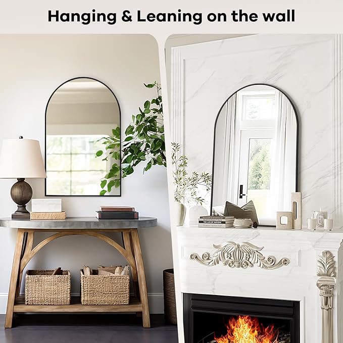 Arch Mirror Wall Mounted - 20x30 Inch Wide Arched Mirrors for Bathroom Over Sink, Black Metal Framed Mantel Vanity Mirror for Dresser, Firplace, Entryway, Hallway, Restroom, Bedroom Decor