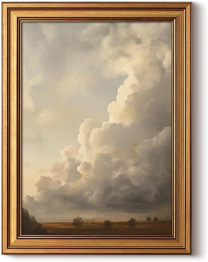HUARCEY Gold Framed Canvas Wall Art, Cloud Picture Decor, Bedroom Living Room Sky Landscape Nature Decor, Rustic Vintage Neutral Canvas Paintings, 12x16inch