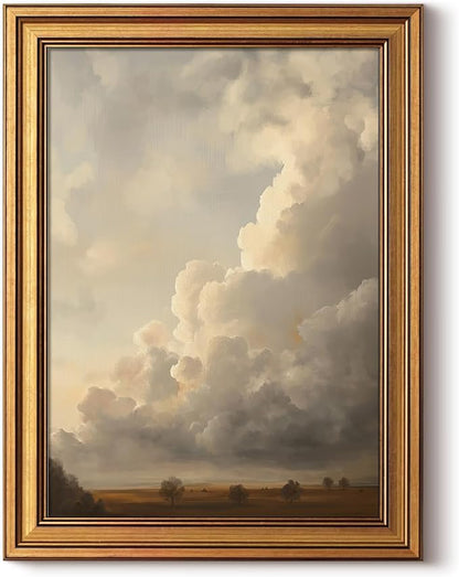 HUARCEY Gold Framed Canvas Wall Art, Cloud Picture Decor, Bedroom Living Room Sky Landscape Nature Decor, Rustic Vintage Neutral Canvas Paintings, 12x16inch