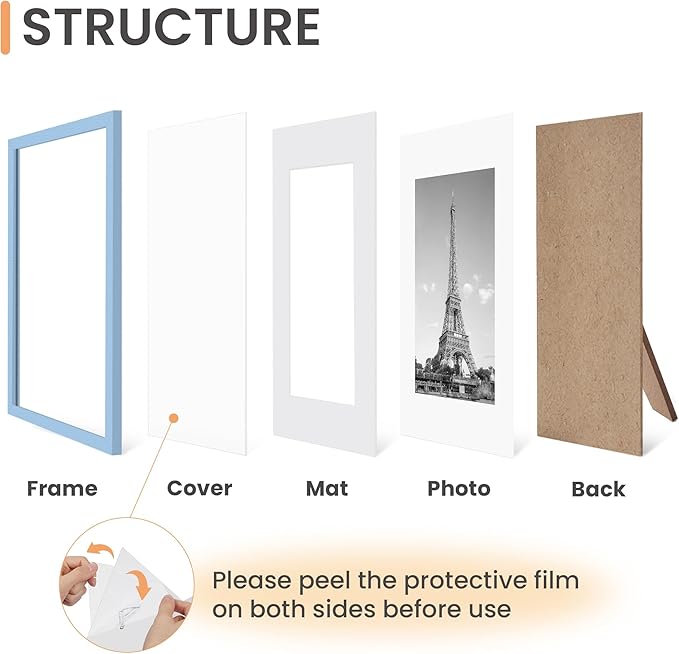 upsimples 8x10 Picture Frame Set of 5, Display Pictures 5x7 with Mat or 8 x 10 Without, Wall Gallery Photo Frames, Blue