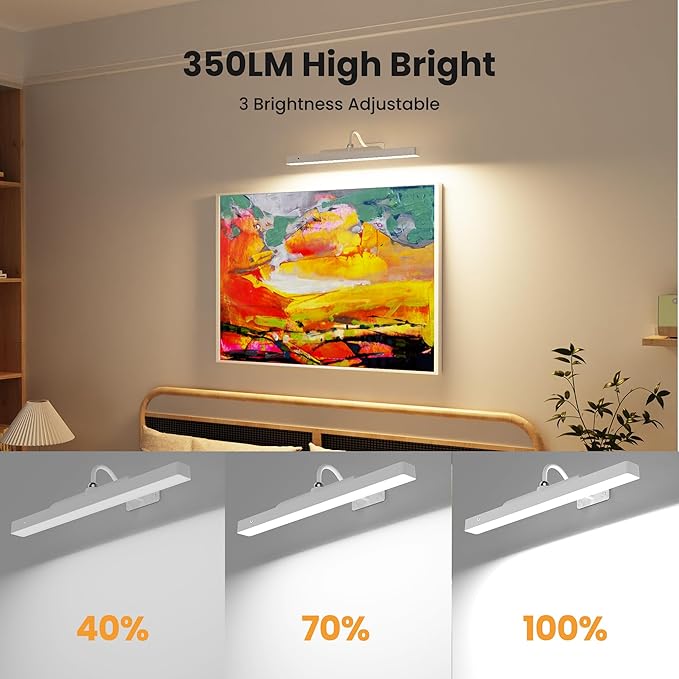 16in White Wireless Picture Frame Lights, 2 Pack Battery Operated Art Lights for Paintings – Dimmable, 13H Runtime, 5000mAh, Remote, 3 Color Temps Gallery Light for Display, Wall, Artwork