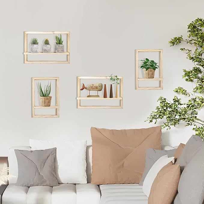 idee-home Floating Shelves for Wall, Rustic Square Hanging Floating Shelves Set of 4 Wood, Wall Decor Mounted Bathroom, Living Room, Kitchen Storage
