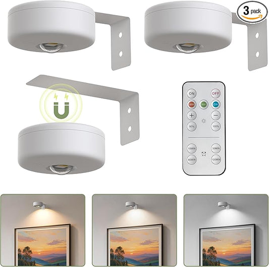 L LOHAS LED White Wireless Picture Lights for Wall, 3 Pack Magnetic Rechargeable AAA Battery Operated Picture Light with Remote & Timer, Dimmable 3CCT Art Light for Paintings, Frames, Gallery