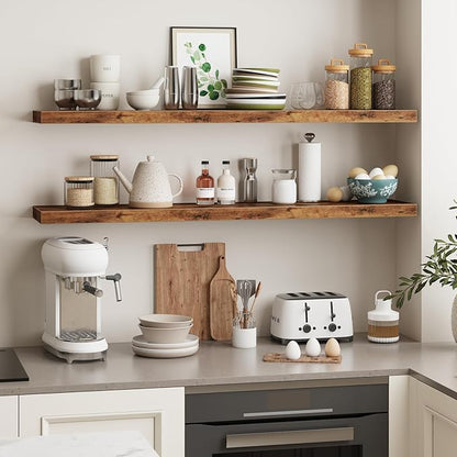 Fixwal Long Shelf for Wall, 47" Long Heavy Duty Wall Mounted Floating Shelves for Living Room, Bedroom, Bathroom and Kitchen, Wall Shelves for Storage, Books, Room Decor (Rustic Brown, Set of 2)