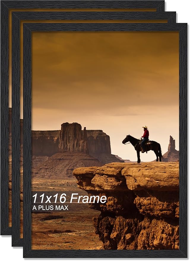A PLUS MAX 11x16 Picture Frame Set of 3, Black Engineered Wood Frame for 11 x 16 Inch Picture Poster Photo, Light Weight 11 by 16 Frame with Wood-grain for Wall - 3 Pack/Black/11 x16