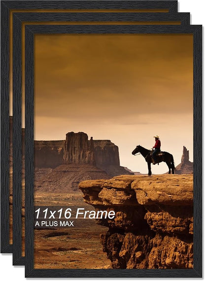 A PLUS MAX 11x16 Picture Frame Set of 3, Black Engineered Wood Frame for 11 x 16 Inch Picture Poster Photo, Light Weight 11 by 16 Frame with Wood-grain for Wall - 3 Pack/Black/11 x16