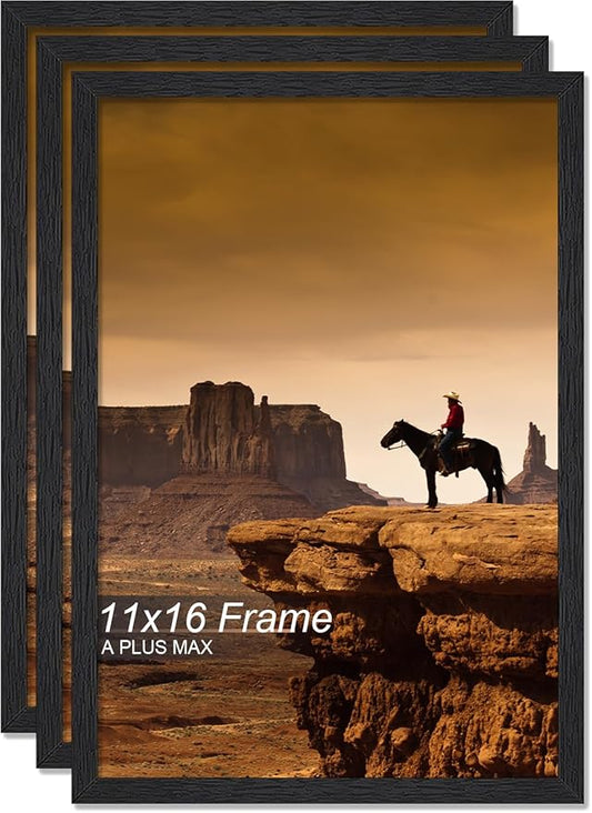 A PLUS MAX 11x16 Picture Frame Set of 3, Black Engineered Wood Frame for 11 x 16 Inch Picture Poster Photo, Light Weight 11 by 16 Frame with Wood-grain for Wall - 3 Pack/Black/11 x16