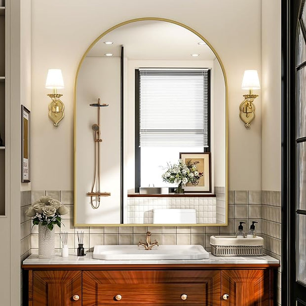 Arch Bathroom Mirror, 24x36 Inch - Wall Mounted Vanity Mirror with Aluminum Alloy Frame - Ideal for Living Room, Bedroom, Bathroom, and Entryway, Hanging or Leaning, Gold