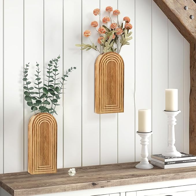 2 Pack Wall Decor Wood Wall Planters for Indoor Plants, Modern Wall Planter for Bathroom, Living Room, Kitchen Decor, Farmhouse Wood Vase for Decor Dried Flowers and Faux Greenery (Rustic Brown)
