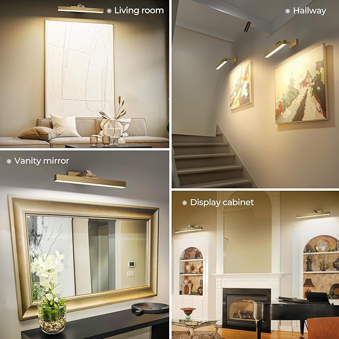 Picture Lights for Wall, Brass Battery Operated Picture Light 16in Art Light CCT Dimmable Recharging Battery Wall Light with Remote Control for Living Room Gallery