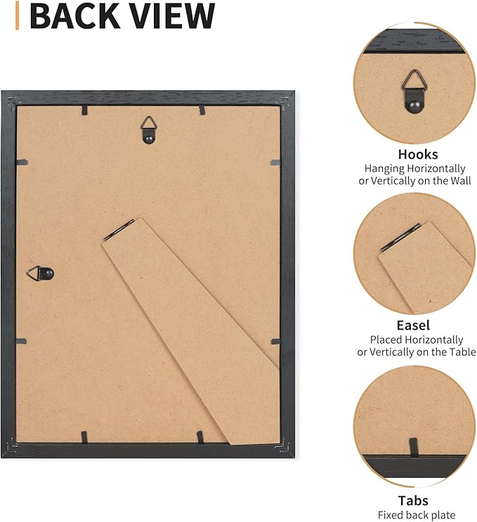 8x10 Picture Frame Set of 4, Displays 5x7 with Mat or 8x10 Without Mat, Photo Frames for Wall Hanging or Tabletop, Includes HD Plexiglass, Black