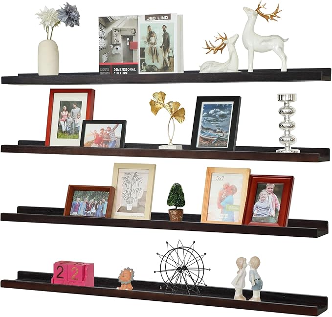 PHOENANCEE Long Floating Shelves for Wall 47 Inch,Real Wood Picture Ledge Shelf with Lip Set of 4,Photo Frame Storage Display for Living Room Nursery Bedroom Bathroom Kitchen Home Decor (Dark Walnut)
