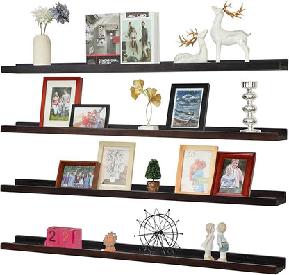 PHOENANCEE Long Floating Shelves for Wall 47 Inch,Real Wood Picture Ledge Shelf with Lip Set of 4,Photo Frame Storage Display for Living Room Nursery Bedroom Bathroom Kitchen Home Decor (Dark Walnut)