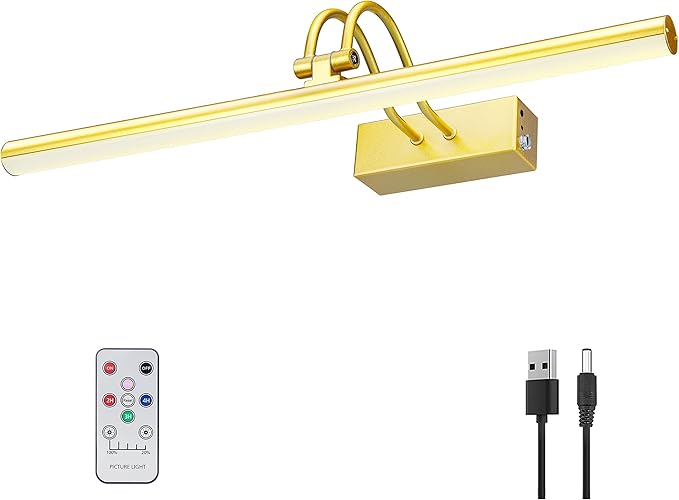 Picture Light,Picture Lights for Wall Cordless,20" Picture Lights with Timer and Dimmable,Battery Wall Lights for Display Gallery Painting Art Frame Portrait-Gold