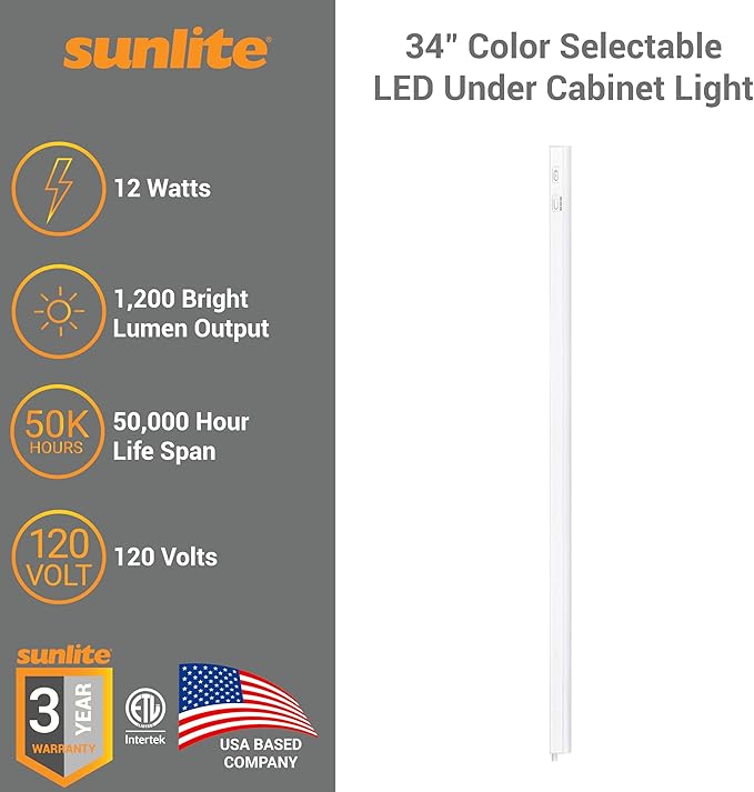 Sunlite LED Under Cabinet Lighting Plug in 34 Inch Linkable Under Counter Lights for Kitchen 12 Watts, 120 Volts, 1200 Lumens, Adjustable 3 CCT 3000K-5000K, 50,000 Hour Lifespan, ETL Listed LED Light